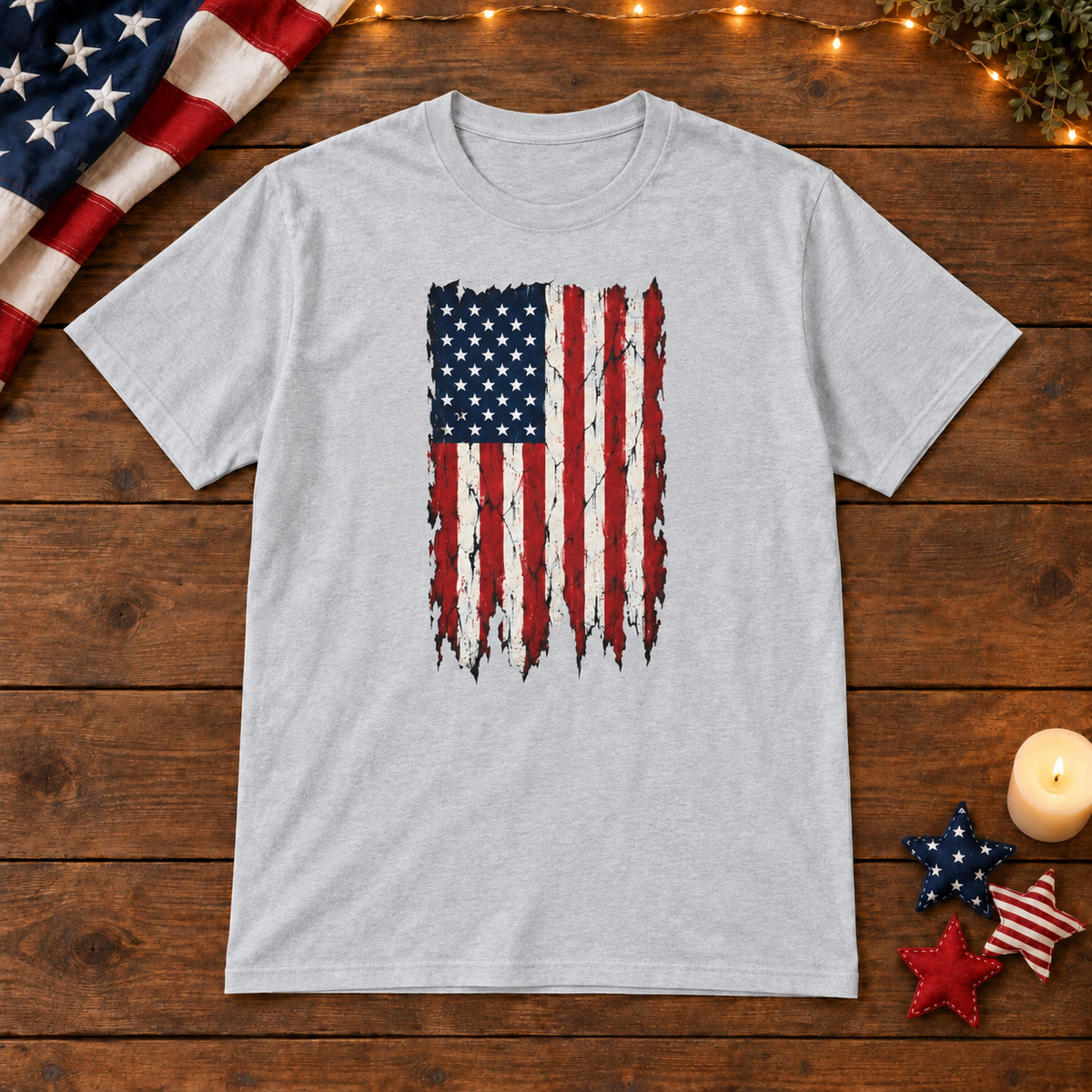 Distressed American Flag T‑Shirt — Vintage USA Patriotic Tee in Gray, patriotic wooden flat lay