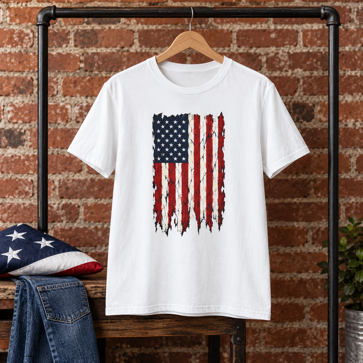 Distressed American Flag T‑Shirt — Vintage USA Patriotic Tee in White, shirt display
