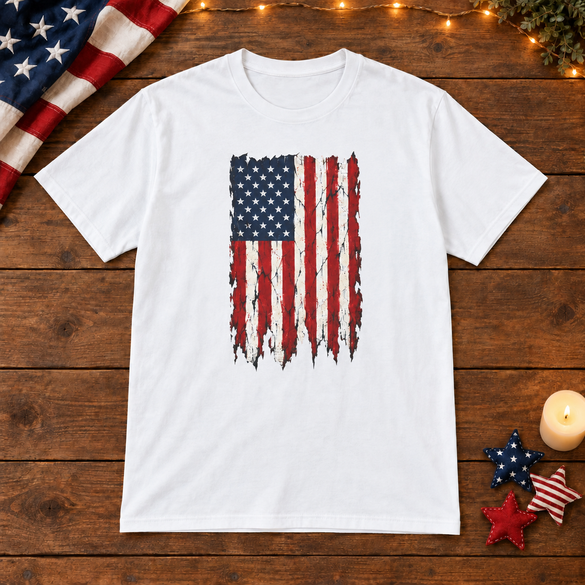 Distressed American Flag T‑Shirt — Vintage USA Patriotic Tee in White, patriotic wooden flat lay