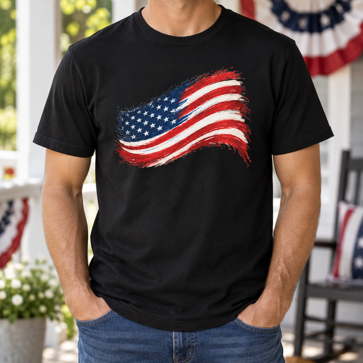 American Flag Brushstroke in Black, chest detail