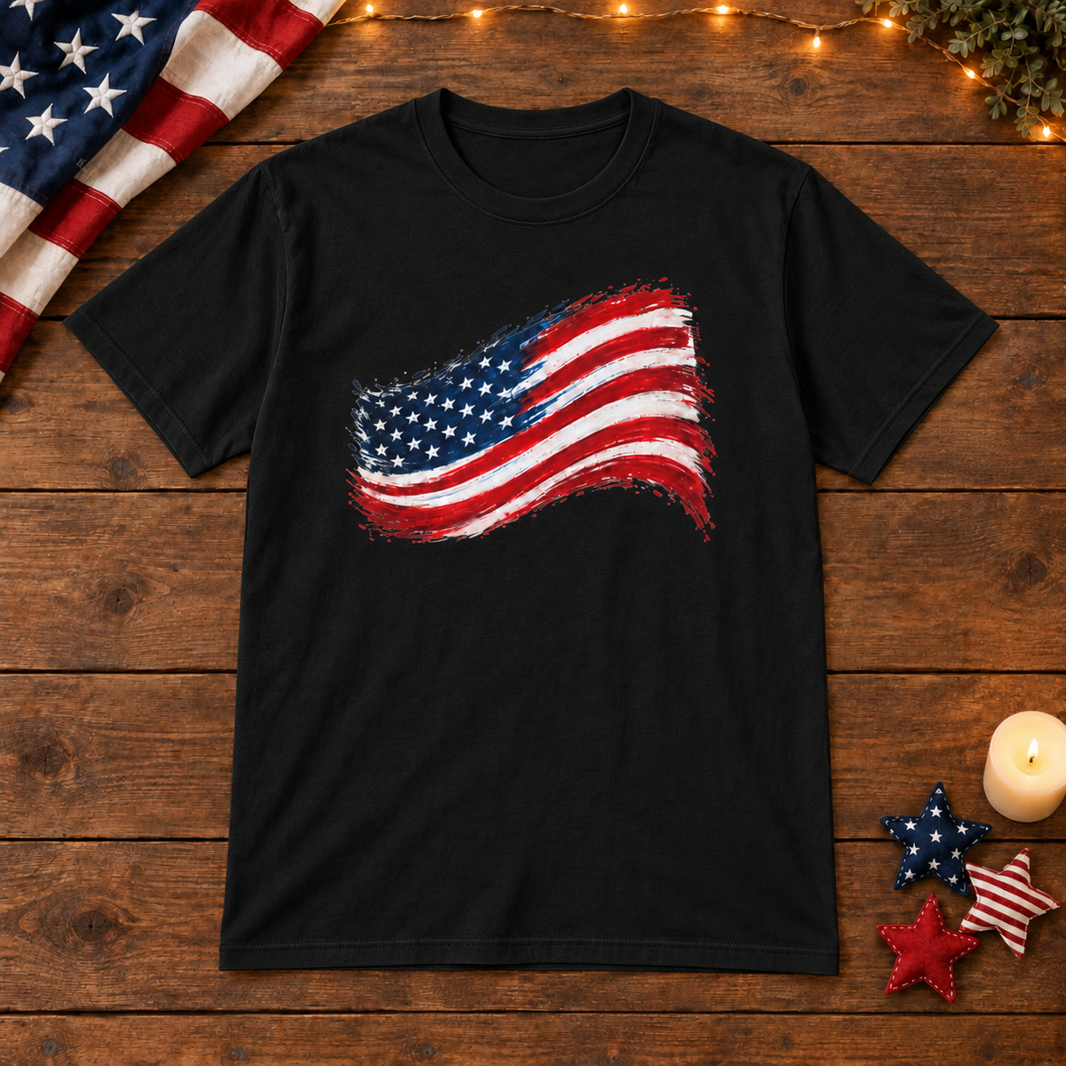 American Flag Brushstroke in Black, patriotic wooden flat lay