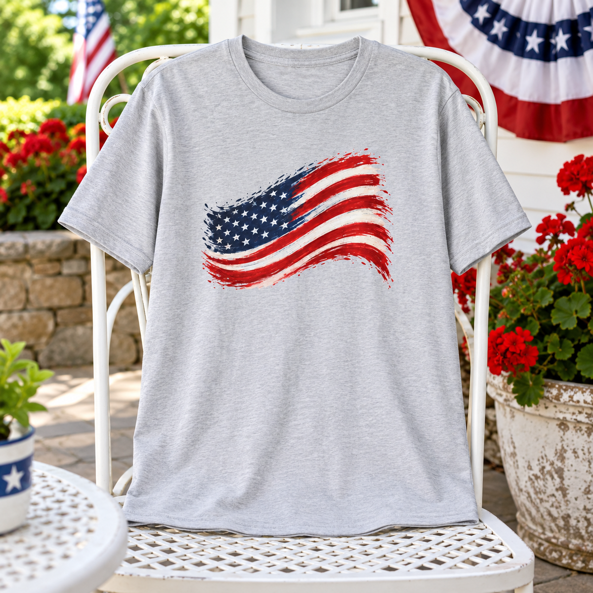 American Flag Brushstroke in Gray, shirt display