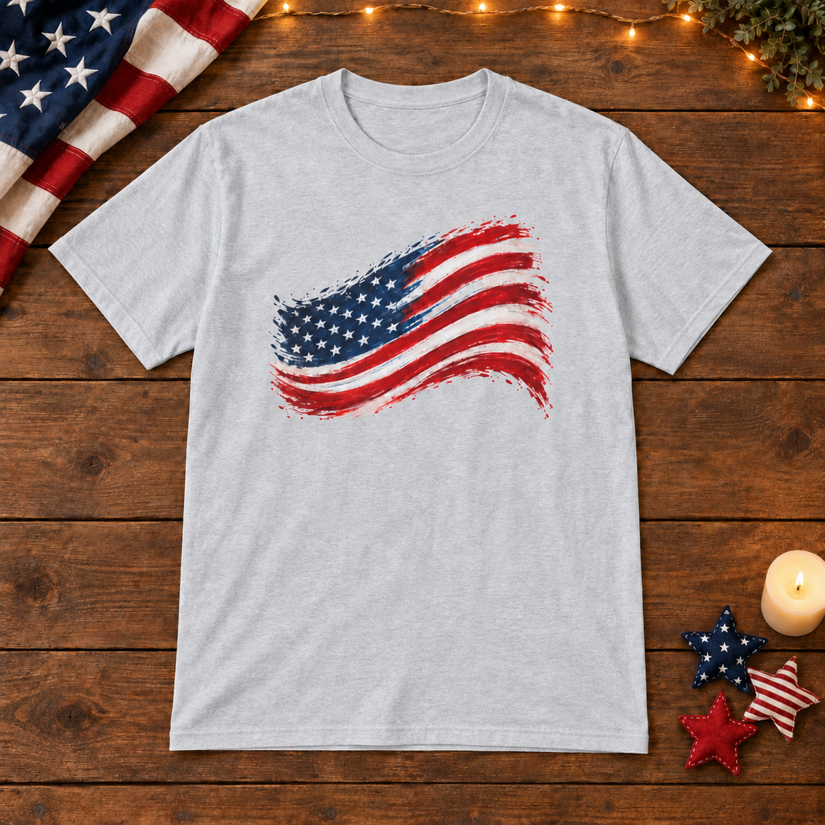 American Flag Brushstroke in Gray, patriotic wooden flat lay