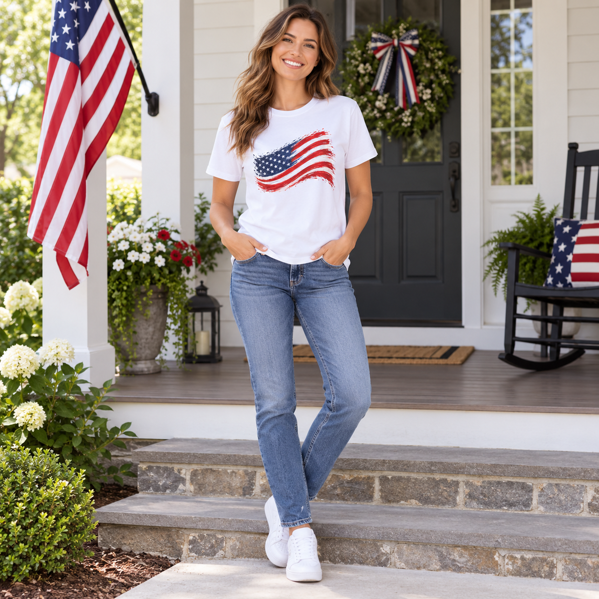 American Flag Brushstroke in White, full body outfit