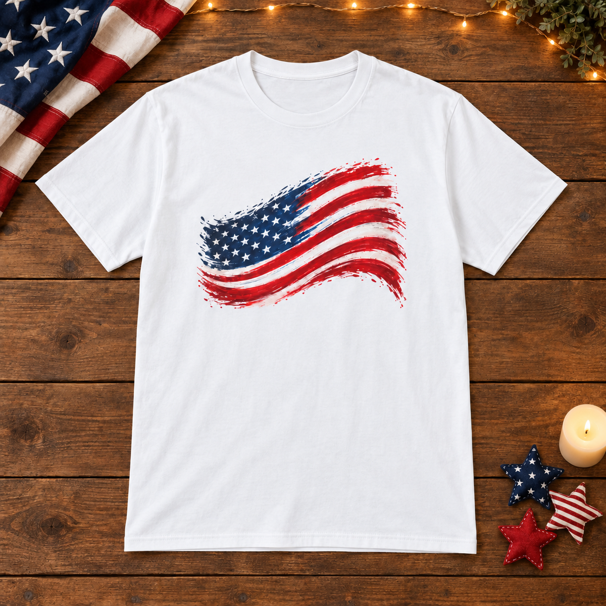 American Flag Brushstroke in White, patriotic wooden flat lay