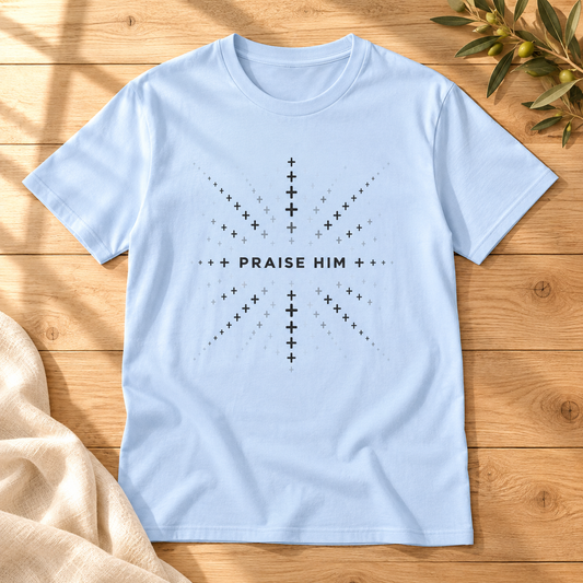 Praise Him T-shirt in Light Blue on sunlit oak with cream linen and an olive sprig