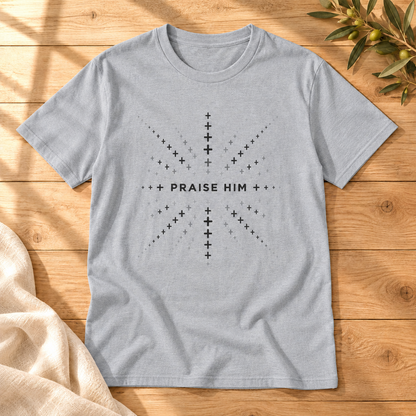 Praise Him T-shirt in Gray on sunlit oak with cream linen and an olive sprig