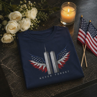9/11 Never Forget Memorial Tee | Twin Towers Patriotic Wings Unisex T-Shirt