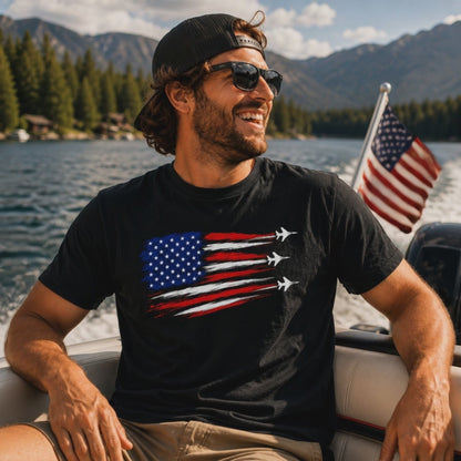 Patriotic Jet Flyover T-Shirt | American Flag Fighter Jets Graphic Unisex Tee
