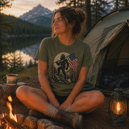 American Flag Bigfoot Wilderness T-Shirt | Nature Sasquatch Unisex Tee