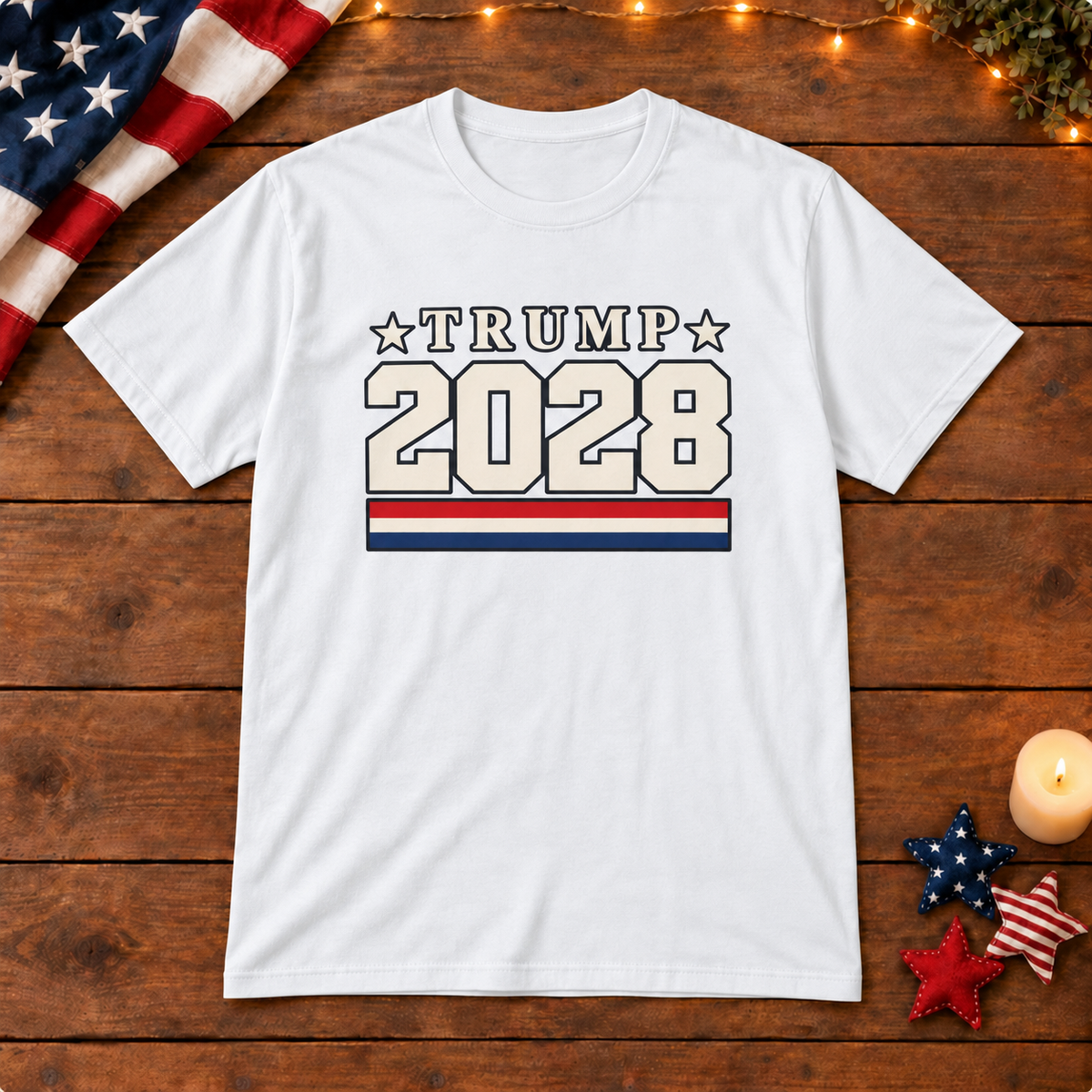 Trump 2028 Shirt — White shirt on patriotic wooden background