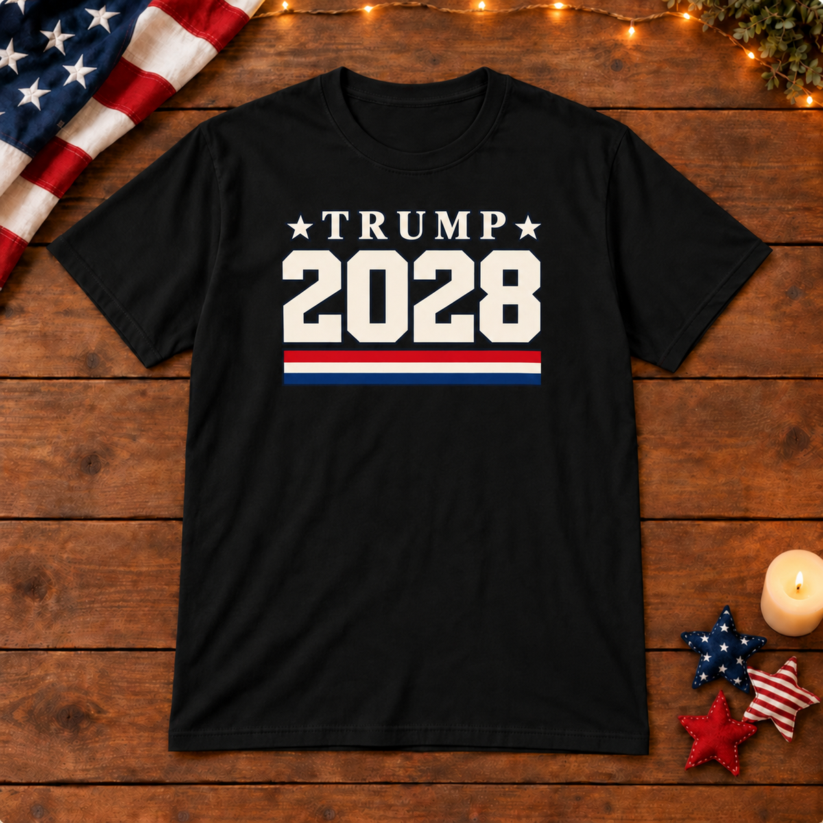 Trump 2028 Shirt — Black shirt on patriotic wooden background