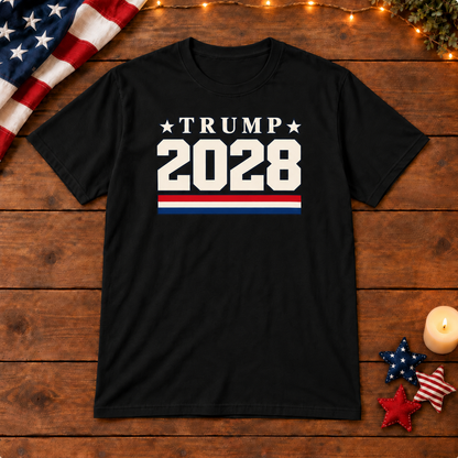 Trump 2028 Shirt — Black shirt on patriotic wooden background