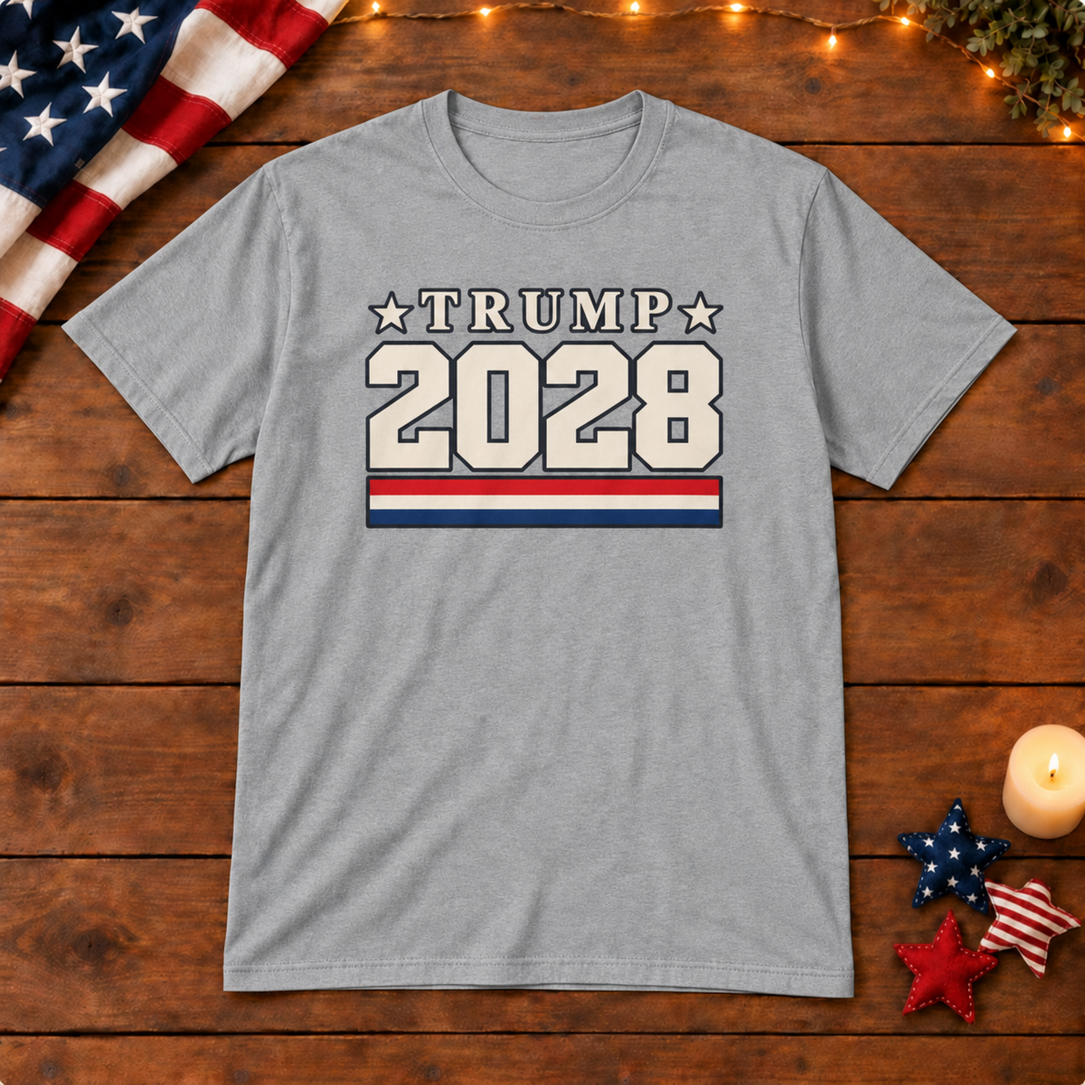 Trump 2028 Shirt — Gray shirt on patriotic wooden background