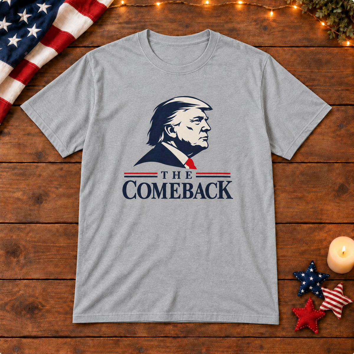 The Comeback Trump Shirt — Gray shirt on patriotic wooden background