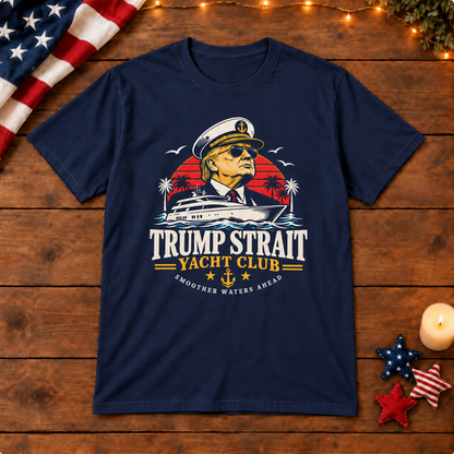 Trump Strait Yacht Club Shirt — Navy Blue shirt on patriotic wooden background