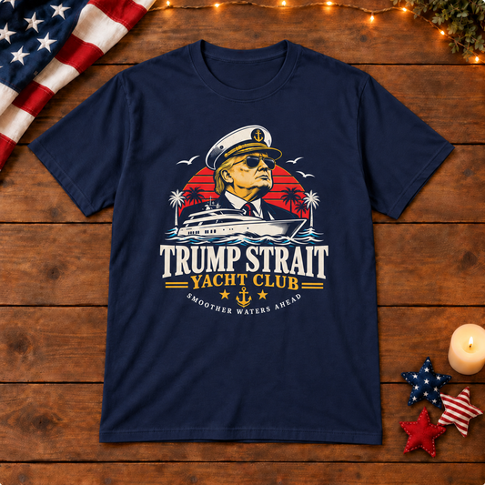 Trump Strait Yacht Club Shirt — Navy Blue shirt on patriotic wooden background