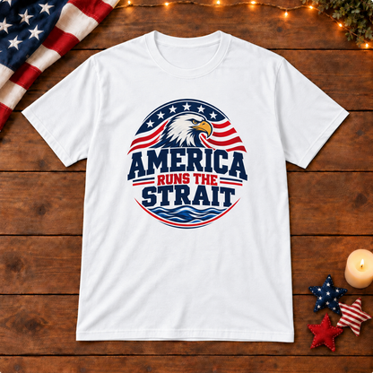America Runs the Strait Shirt — White shirt on patriotic wooden background