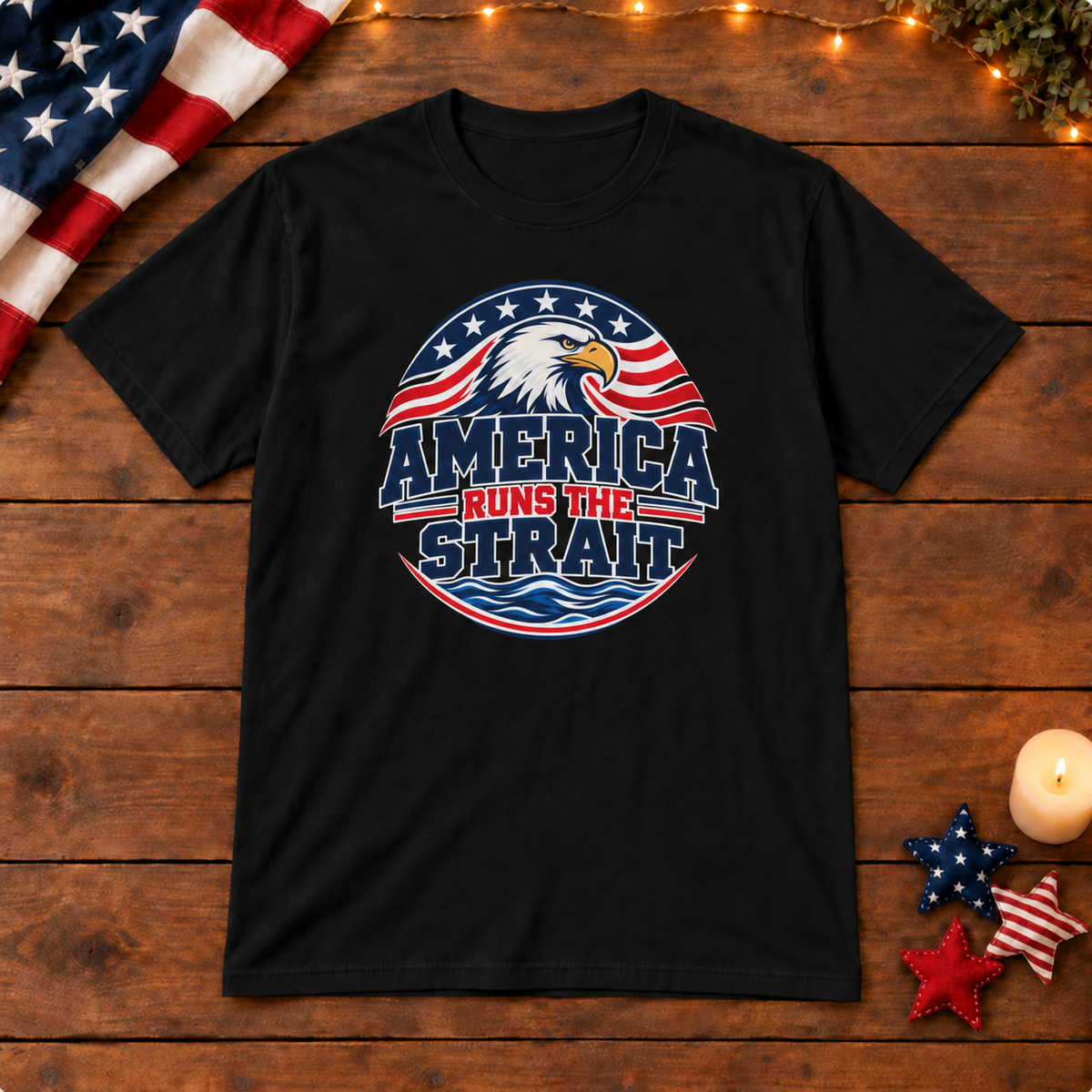 America Runs the Strait Shirt — Black shirt on patriotic wooden background