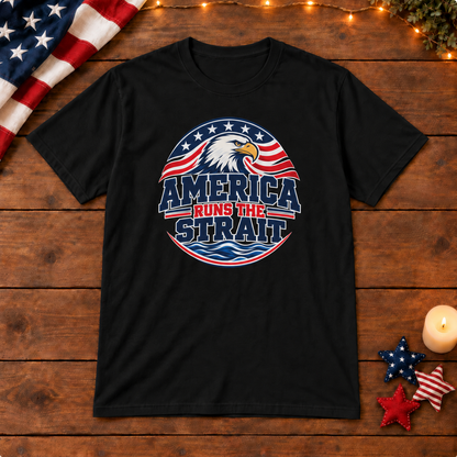 America Runs the Strait Shirt — Black shirt on patriotic wooden background