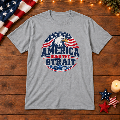America Runs the Strait Shirt — Gray shirt on patriotic wooden background