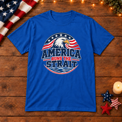 America Runs the Strait Shirt — Royal Blue shirt on patriotic wooden background