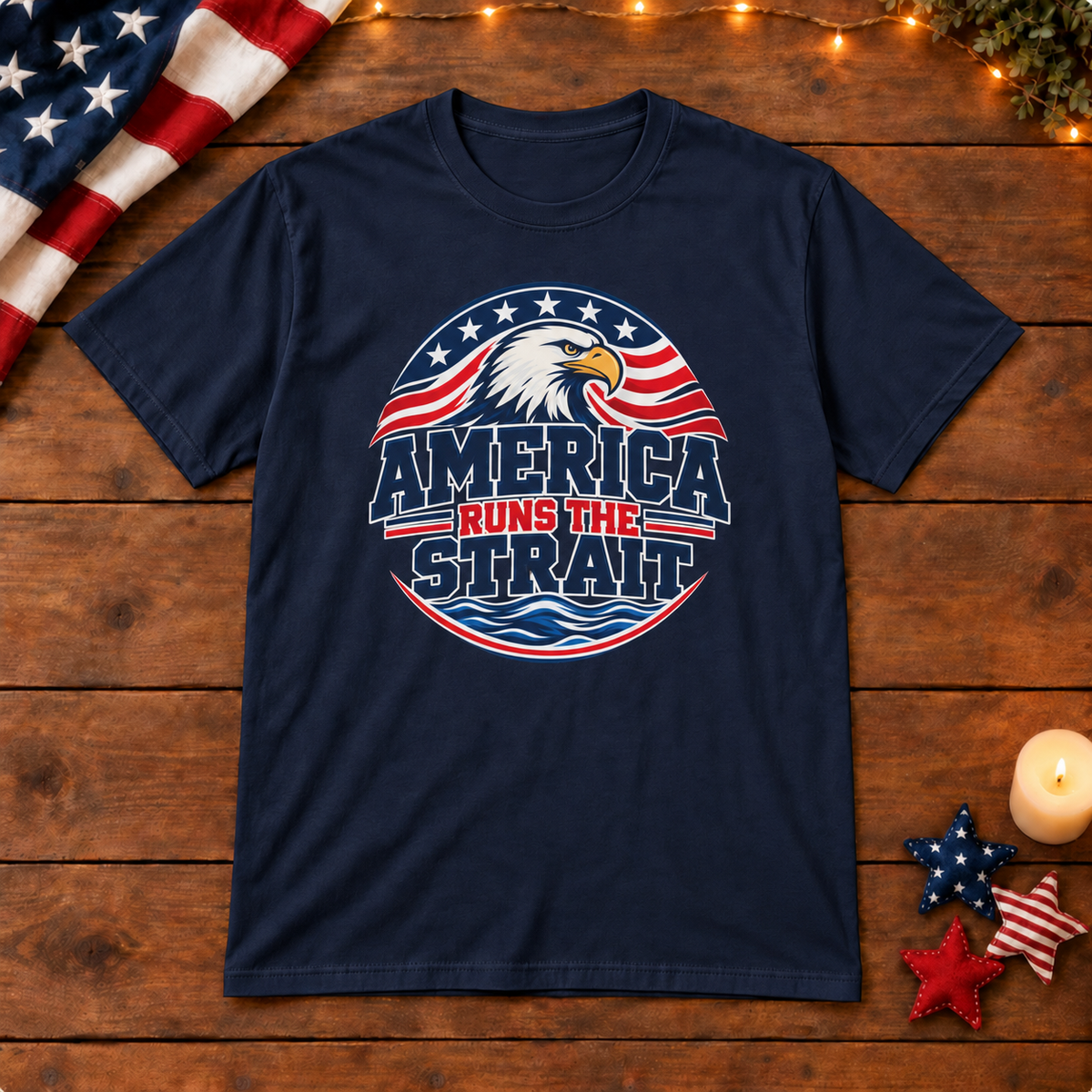 America Runs the Strait Shirt — Navy Blue shirt on patriotic wooden background