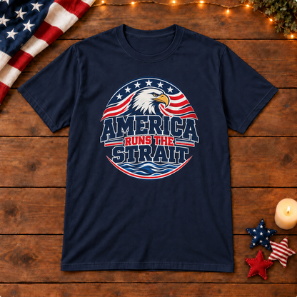 America Runs the Strait Shirt — Navy Blue shirt on patriotic wooden background