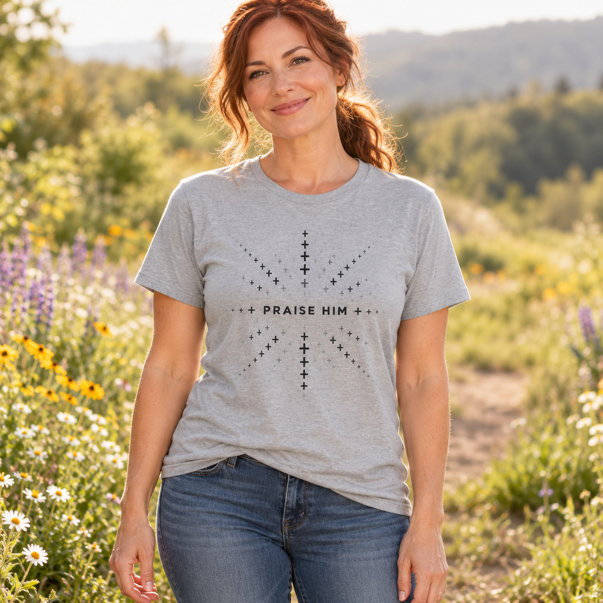 Gray Praise Him fading-cross T-shirt — additional lifestyle scene