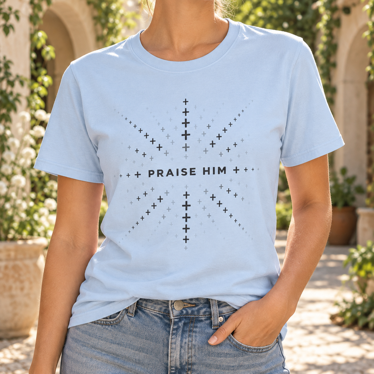 Light Blue Praise Him fading-cross T-shirt — chest close-up
