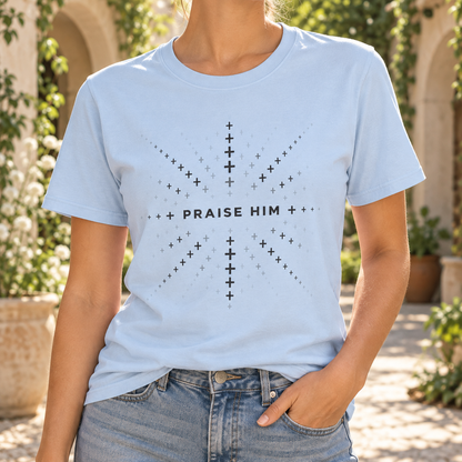 Light Blue Praise Him fading-cross T-shirt — chest close-up