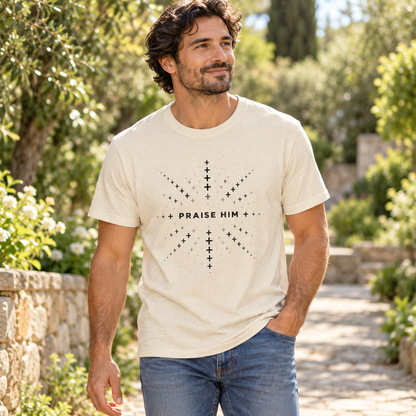 Natural Praise Him fading-cross T-shirt — face-visible lifestyle