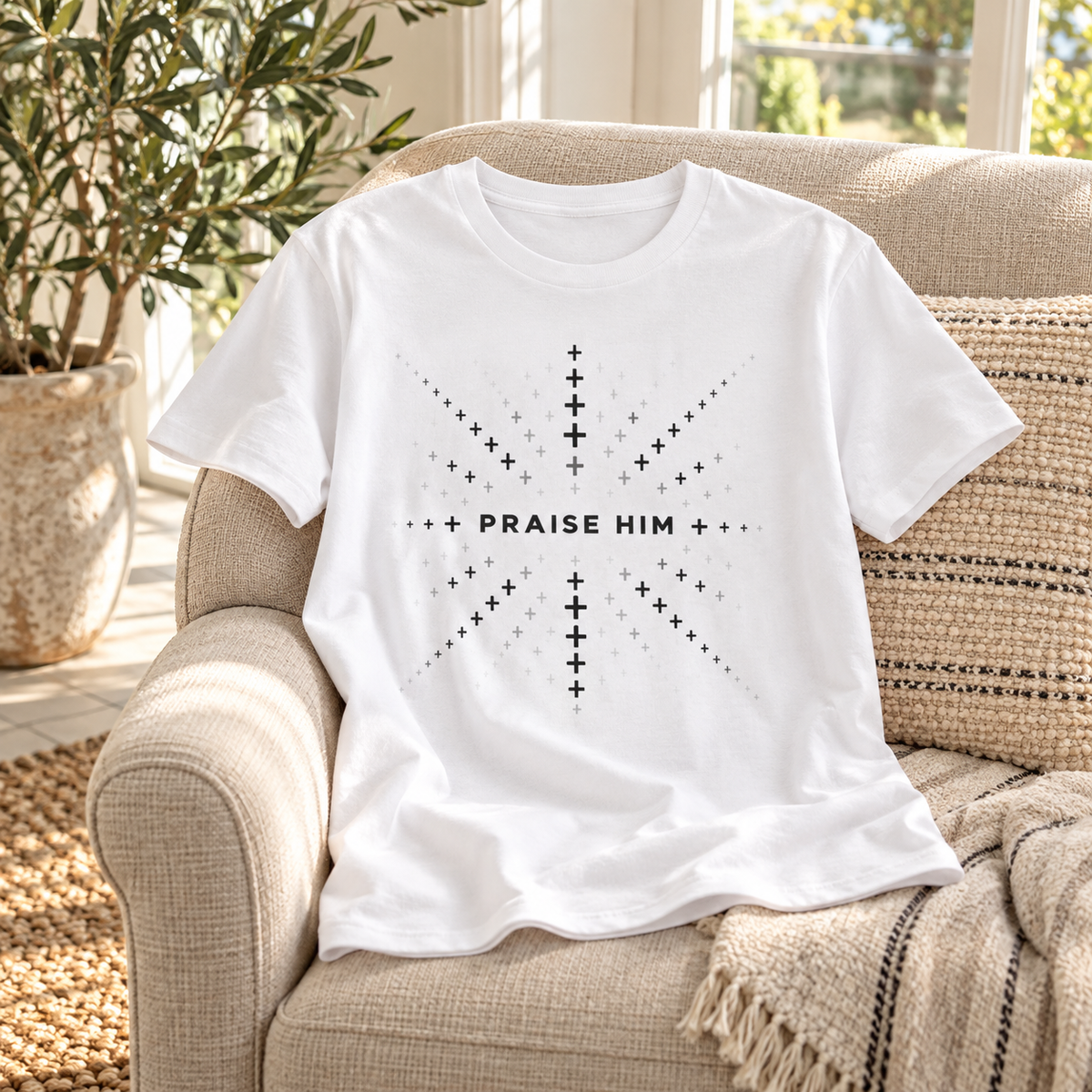 White Praise Him fading-cross T-shirt — shirt-only staged mockup