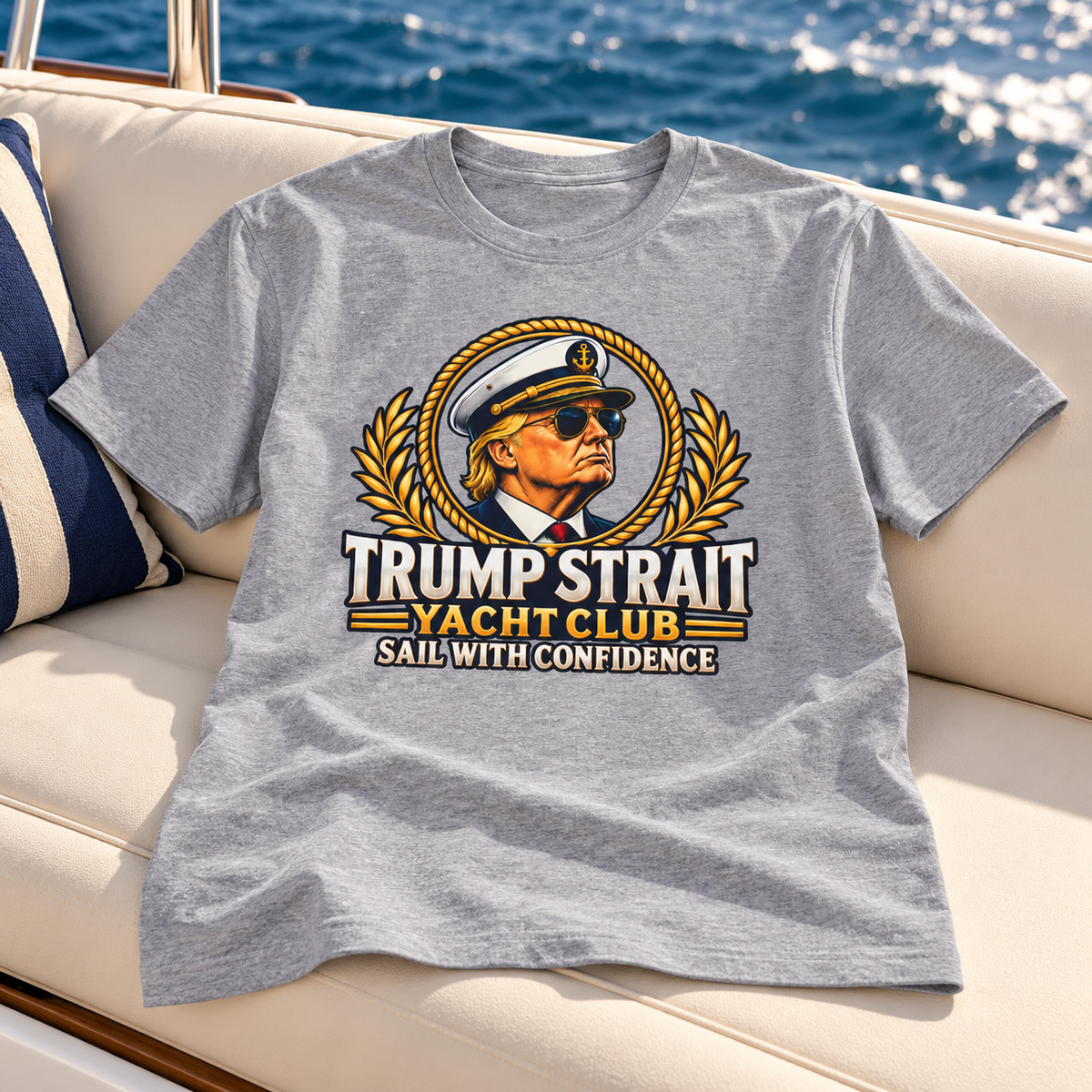 Gray Trump Strait Yacht Club T-shirt — shirt-only staged mockup