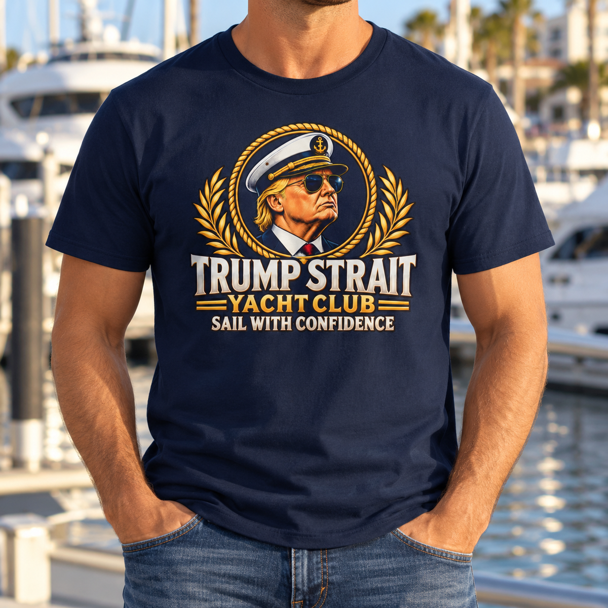 Navy Blue Trump Strait Yacht Club T-shirt — chest close-up