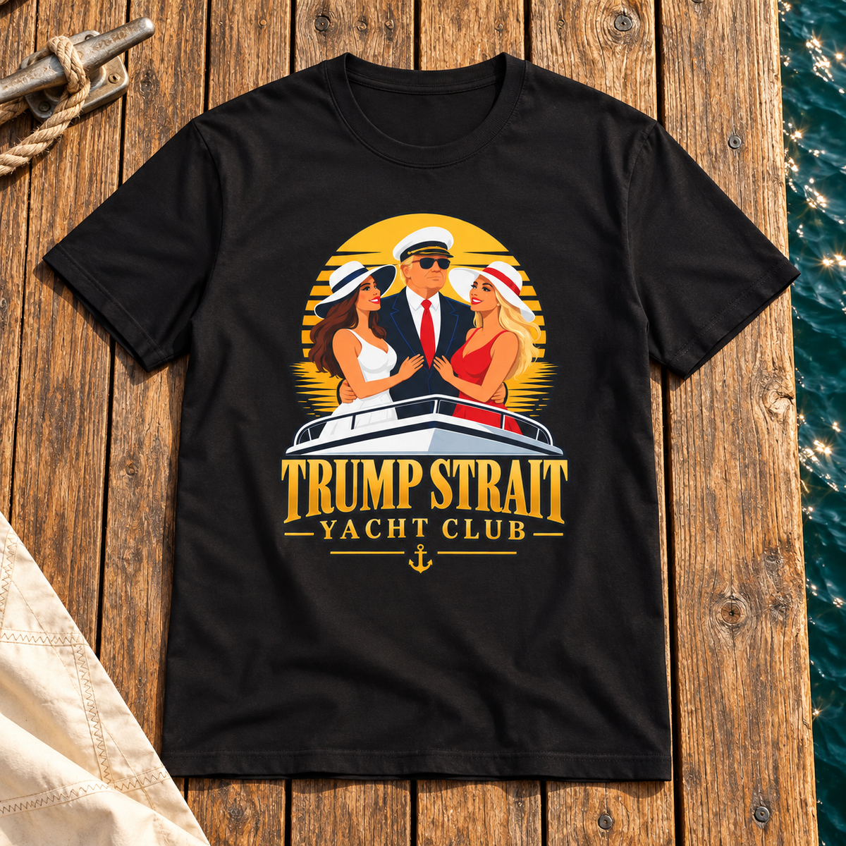 Trump Strait Yacht Club retro sunset shirt in Black, styled wooden marina dock flat lay