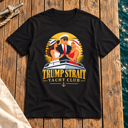 Trump Strait Yacht Club retro sunset shirt in Black, styled wooden marina dock flat lay