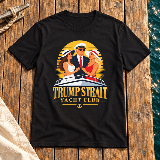 Trump Strait Yacht Club retro sunset shirt in Black, styled wooden marina dock flat lay