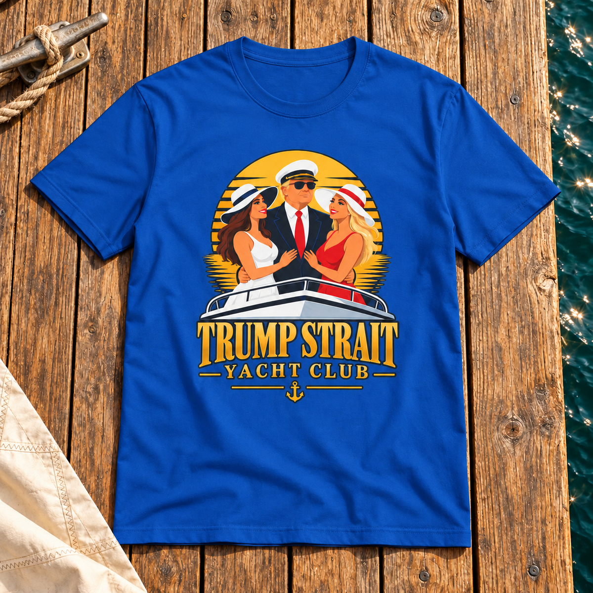 Trump Strait Yacht Club retro sunset shirt in Blue, styled wooden marina dock flat lay