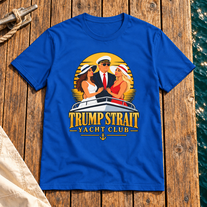 Trump Strait Yacht Club retro sunset shirt in Blue, styled wooden marina dock flat lay