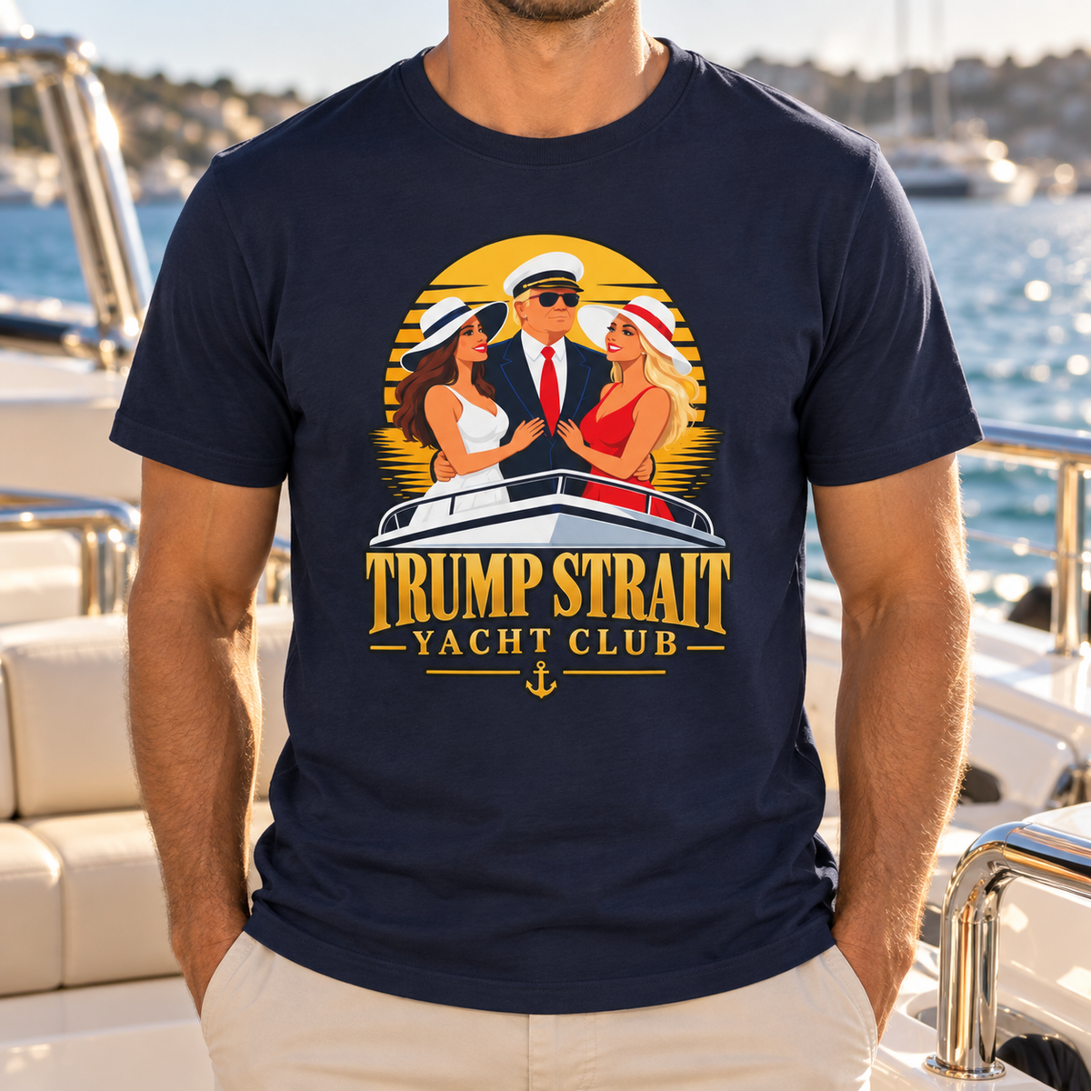 Trump Strait Yacht Club retro sunset T-shirt in Navy Blue, male chest close-up aboard a boat