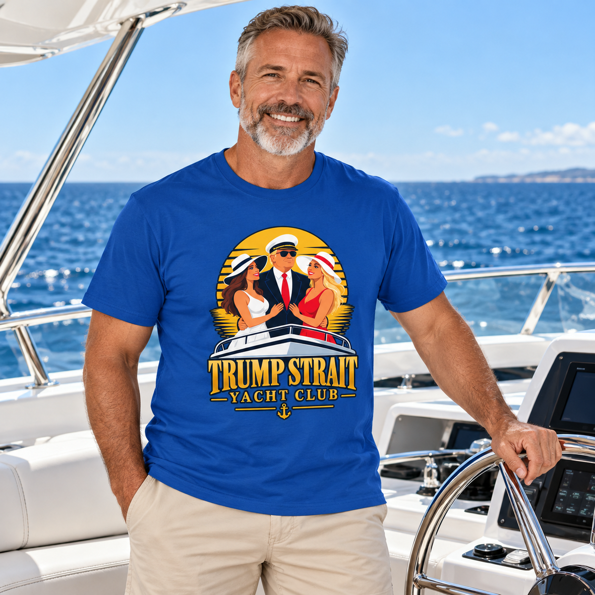 Trump Strait Yacht Club retro sunset T-shirt in Blue, male lifestyle portrait at a yacht helm