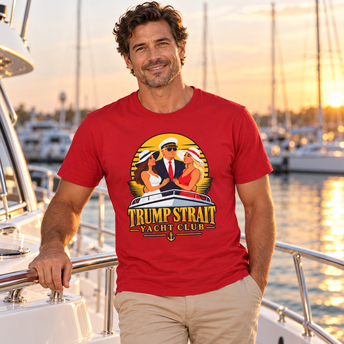Trump Strait Yacht Club retro sunset T-shirt in Red, male yacht lifestyle portrait