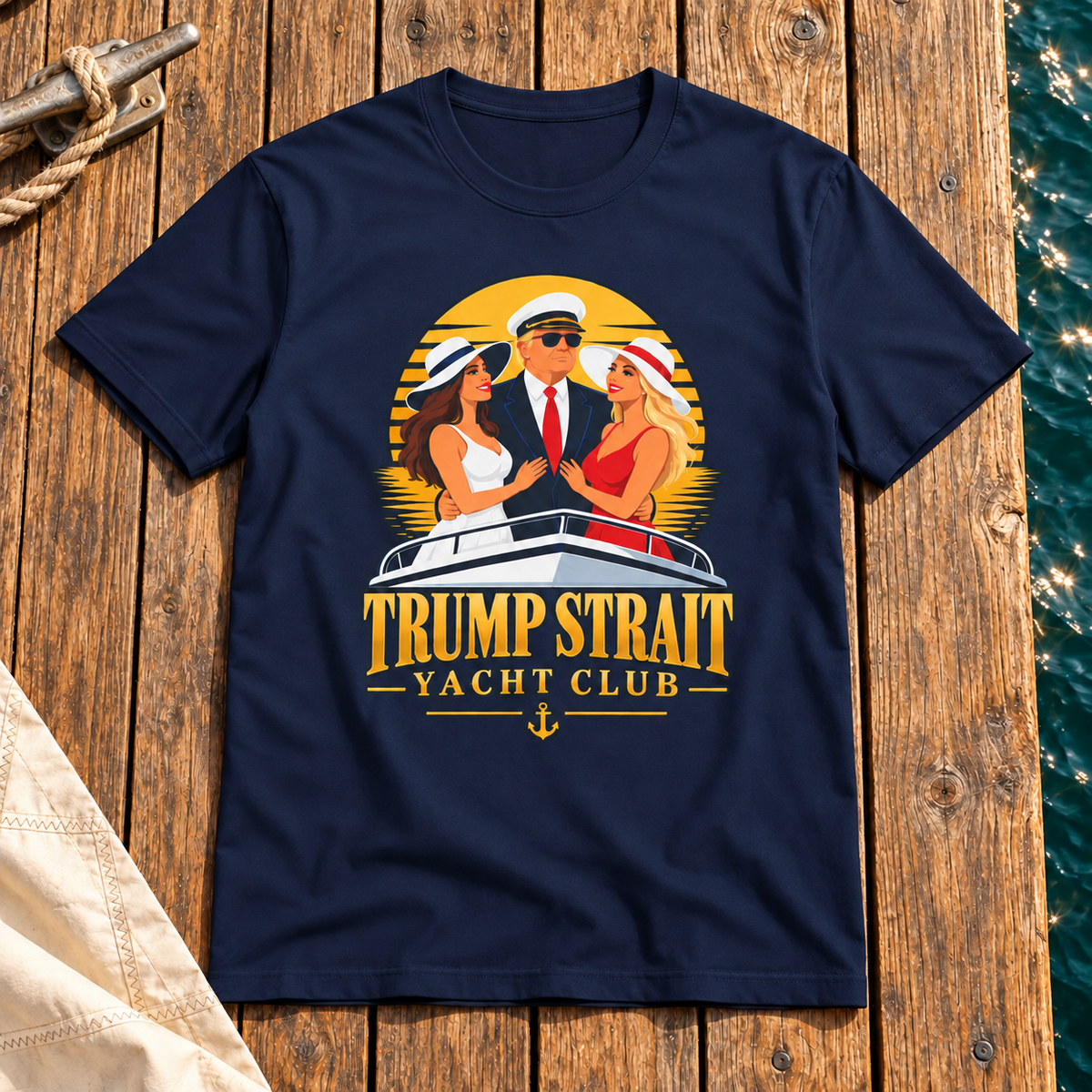 Trump Strait Yacht Club retro sunset shirt in Navy Blue, styled wooden marina dock flat lay