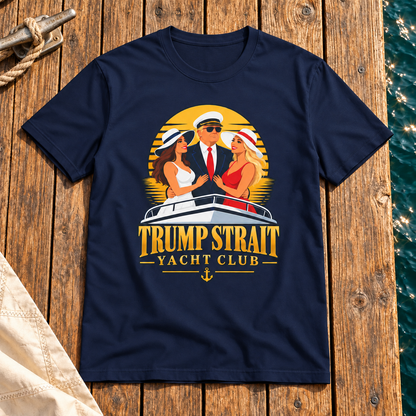 Trump Strait Yacht Club retro sunset shirt in Navy Blue, styled wooden marina dock flat lay