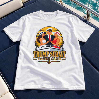 Trump Strait Yacht Club retro sunset T-shirt in White, shirt-only mockup on a yacht lounge cushion