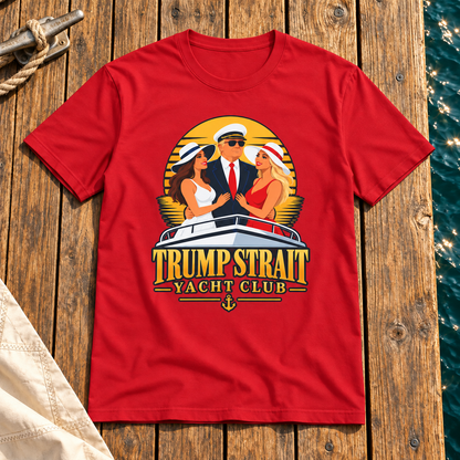 Trump Strait Yacht Club retro sunset shirt in Red, styled wooden marina dock flat lay