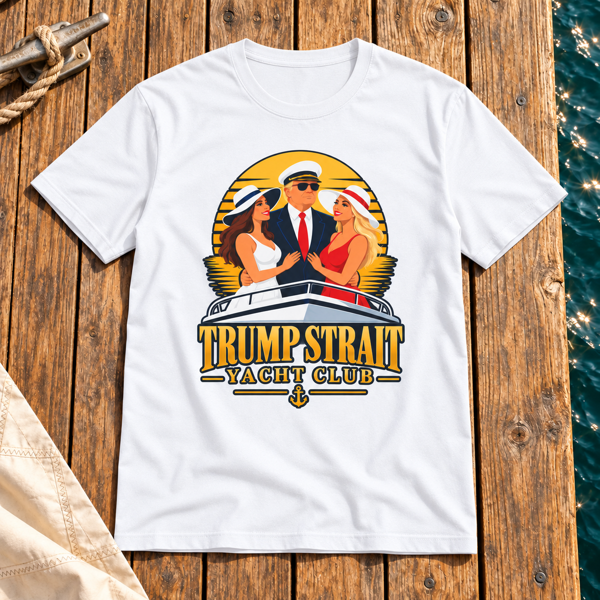 Trump Strait Yacht Club retro sunset shirt in White, styled wooden marina dock flat lay