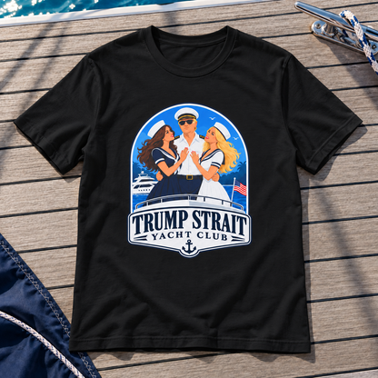 Trump Strait Yacht Club blue nautical badge shirt in Black, styled wooden boat deck flat lay