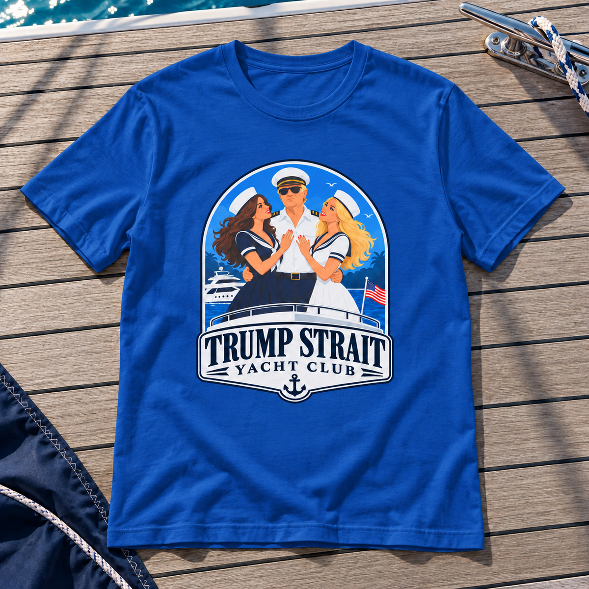 Trump Strait Yacht Club blue nautical badge shirt in Blue, styled wooden boat deck flat lay